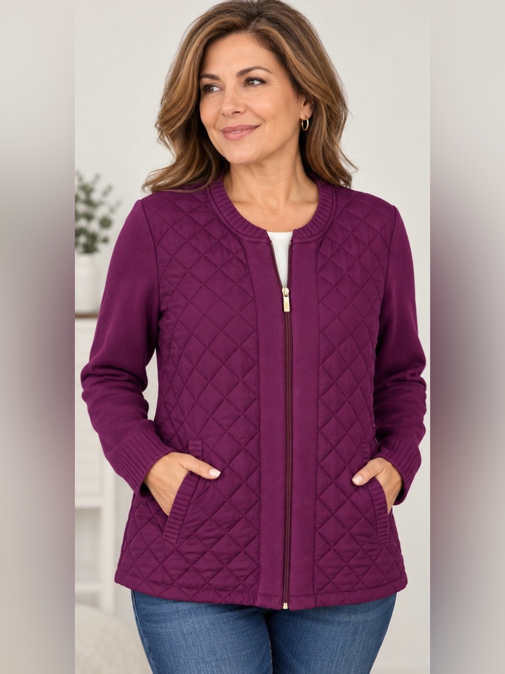 d&co Heritage Essentials Women’s L Quilted Knit Full Zip Jacket Purple
